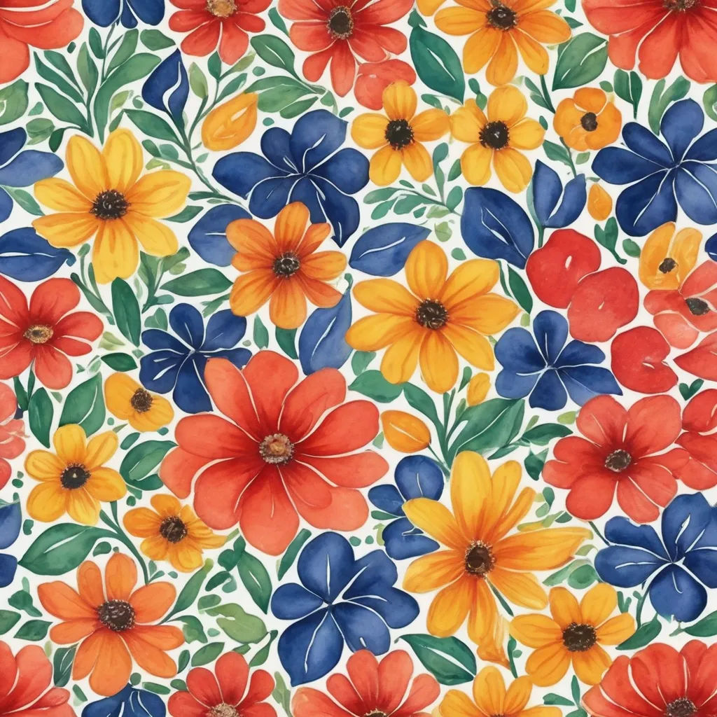 a colorful flower pattern with many colors of flowers on it's surface, with a white background and a blue center, folk art, an ultrafine detailed painting, Annabel Kidston, flowers
