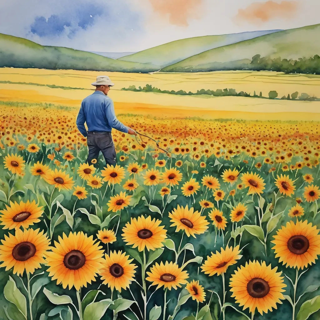 a painting of a man in a field of sunflowers with a rake in his hand and a field of sunflowers in the background, modern european ink painting, a watercolor painting, Colin Gill, in gouache detailed paintings