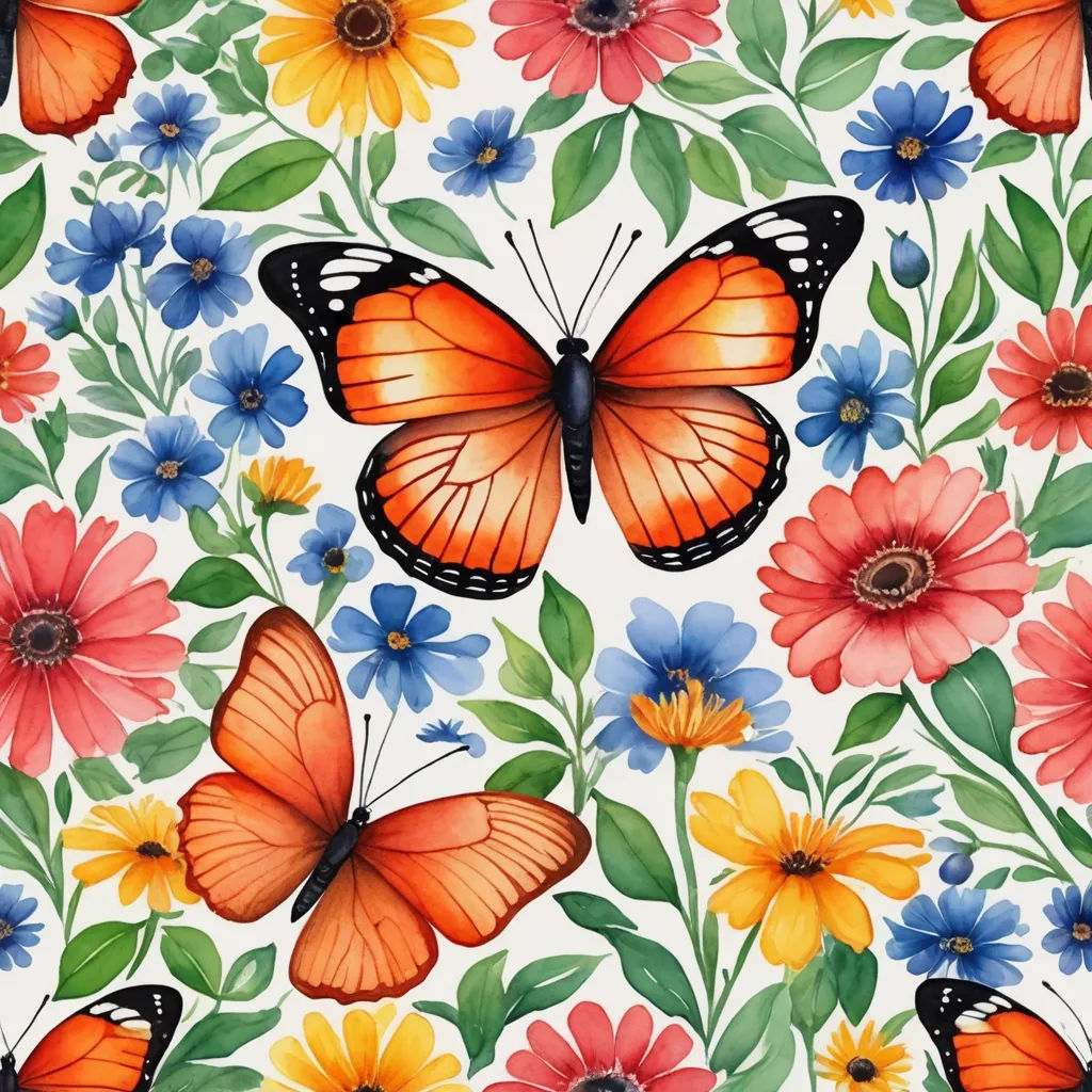 a painting of a butterfly and flowers on a white background with a blue, yellow, and red flower, folk art, a detailed painting, Annabel Kidston, highly detailed digital art
