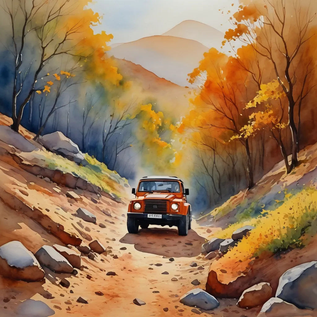 a painting of a jeep driving down a dirt road in the mountains with trees and rocks on either side, american scene painting, a watercolor painting, Art Brenner, watercolor