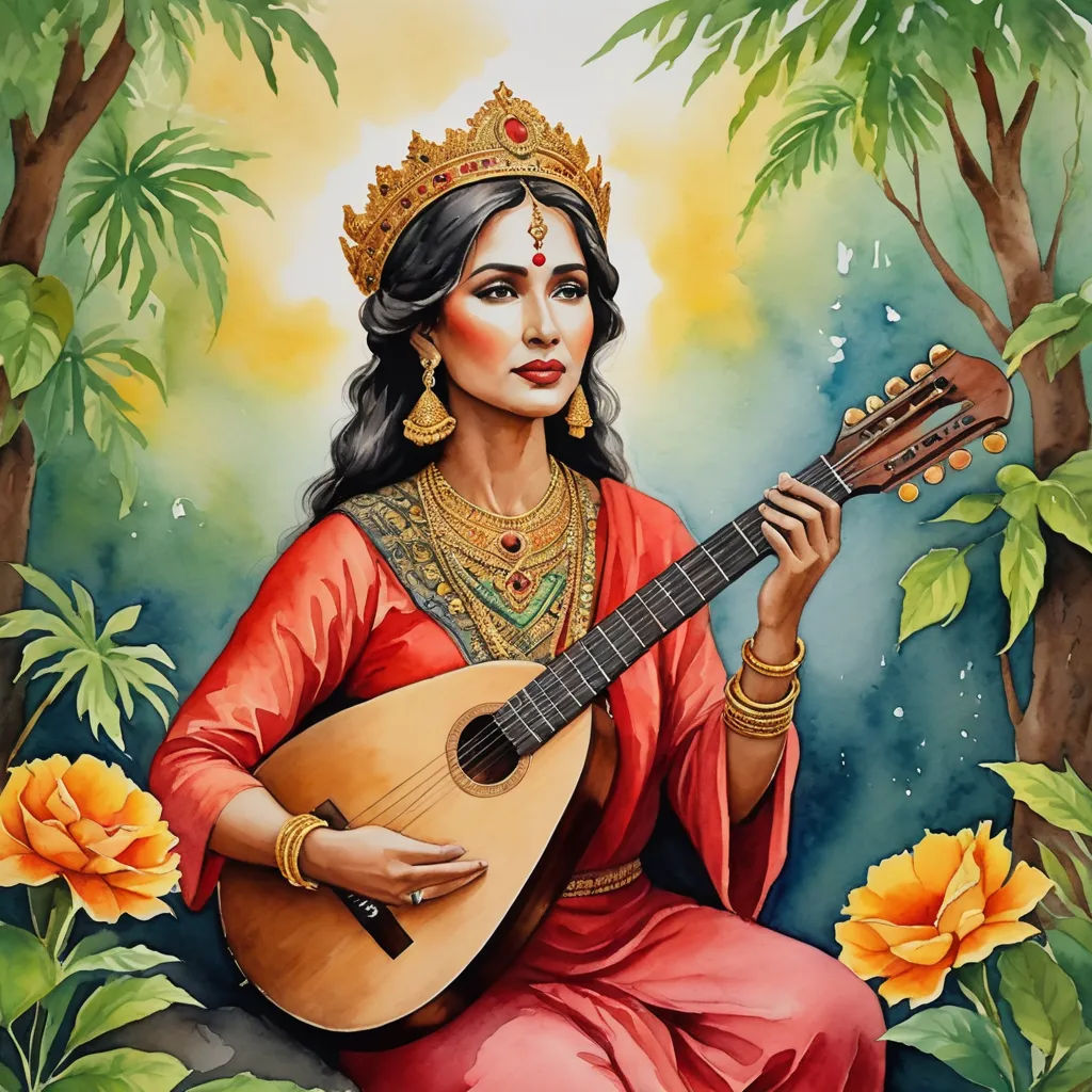 a painting of a woman playing a guitar in a forest with flowers and trees around her, with a yellow flower in the foreground, qajar art, a detailed painting, Ella Guru, detailed painting