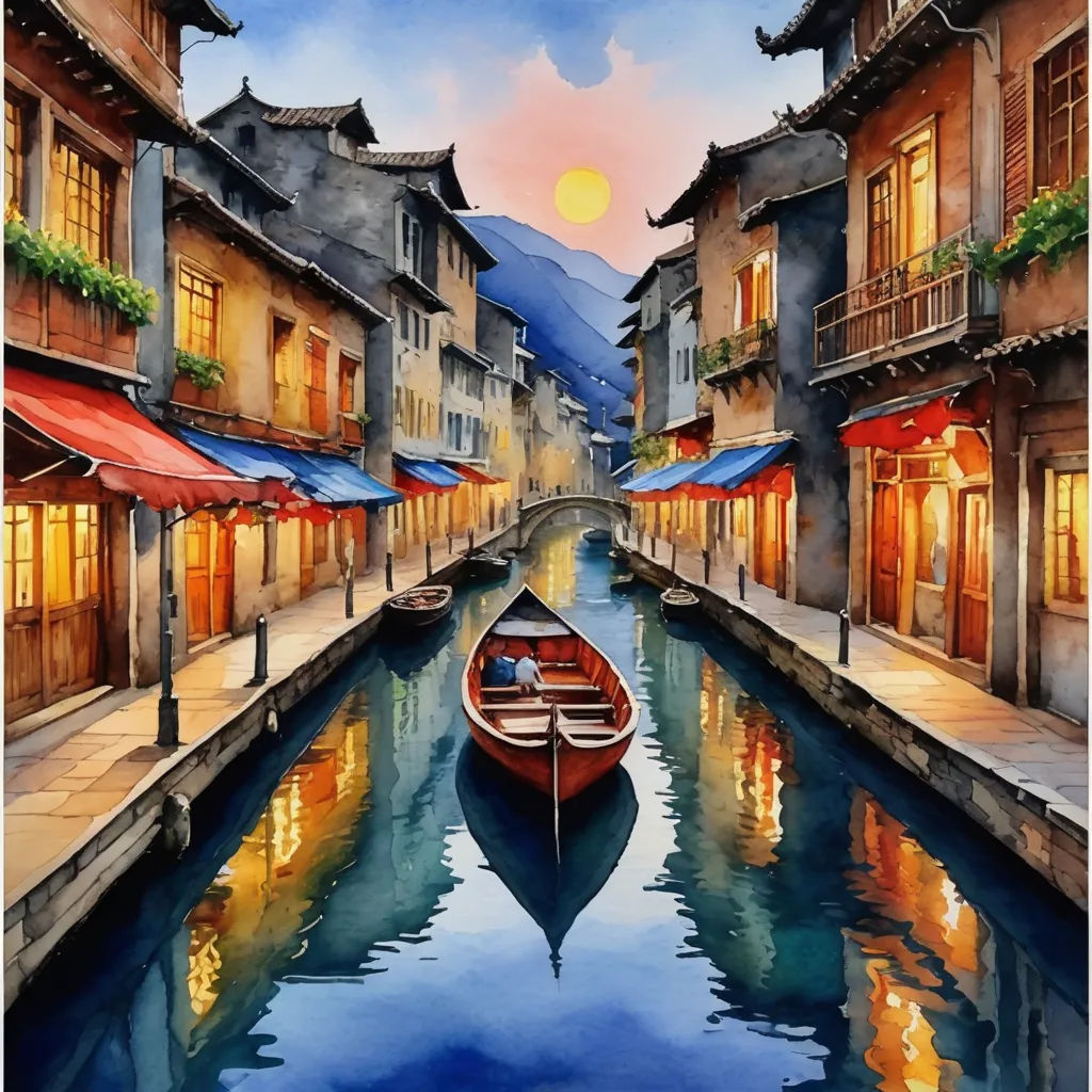 a painting of a boat in a canal with buildings and awnings on either side of it and a sunset in the background, naive art, a watercolor painting, Evgeny Lushpin, highly detailed oil painting