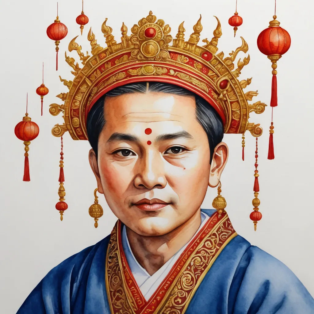 a painting of a man wearing a crown and a blue outfit with red decorations on it's head, photorealism, an ultrafine detailed painting, Emperor Huizong of Song, phuoc quan