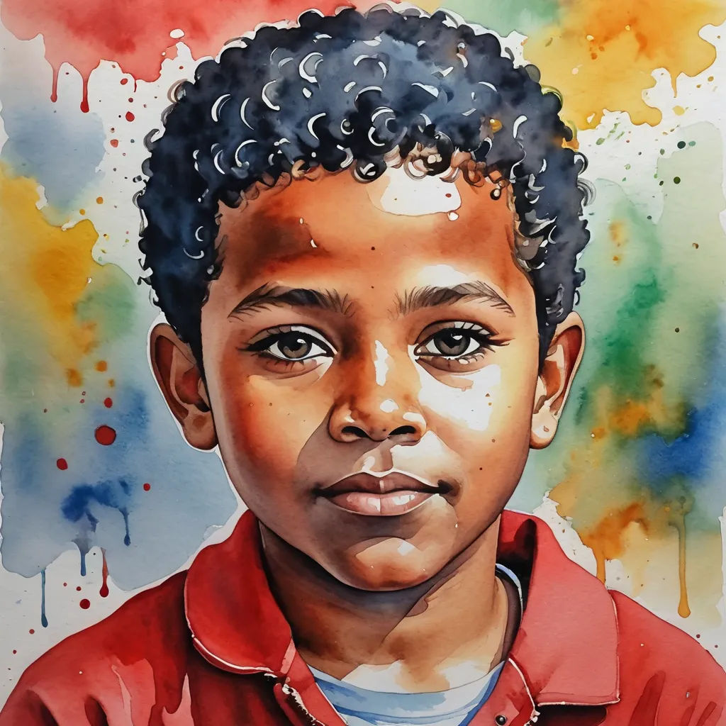 a painting of a boy with black hair and a red shirt on a white background with watercolor stains, modern european ink painting, a watercolor painting, Afewerk Tekle, watercolor