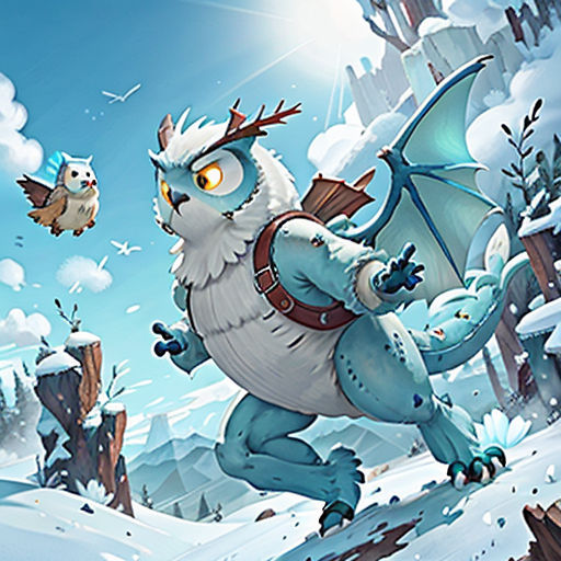 a cartoon character is running through the snow with a dragon on his back and a bird on his shoulder