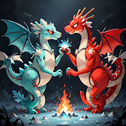 two red and blue dragon fighting over a fire pit in the dark night sky with a black background and a black background