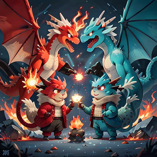 two cartoon characters are standing next to each other in front of a fire and ice background with a dragon and a demon