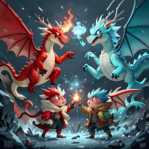 a group of cartoon characters playing with a dragon and a demon in the snow with a glowing fire in their mouth