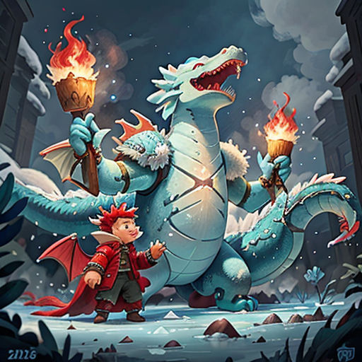 a cartoon of a dragon with a torch in its hand and a boy standing next to it, in front of a building