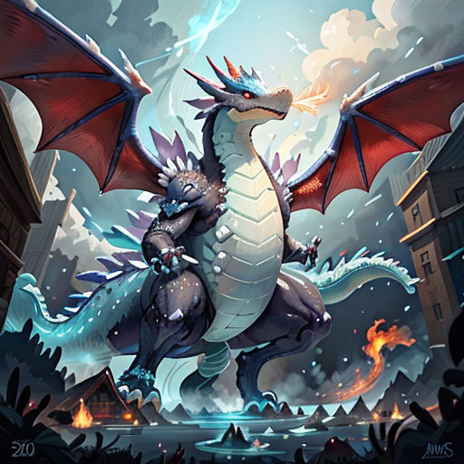 a dragon with a fire breathing on its back in the air, with a city in the background and a sky with clouds