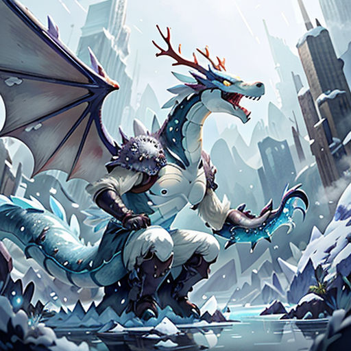 a dragon with horns and a horned head is standing in the snow with a city in the background and a snow - covered mountain