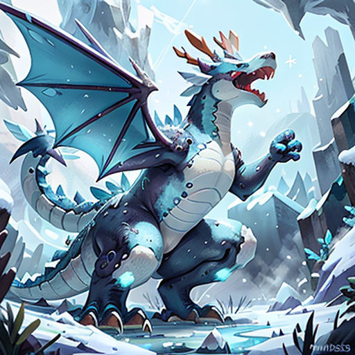 a dragon with a long tail and a large head standing in a snowy forest with trees and rocks, with a sky background