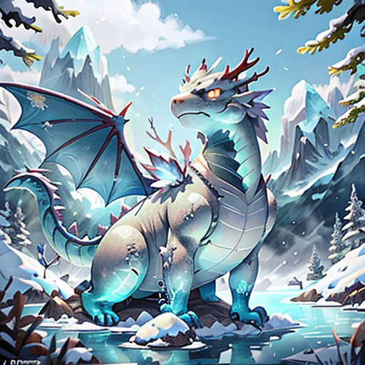 a dragon is standing in the snow by a mountain lake with trees and snow on it's sides