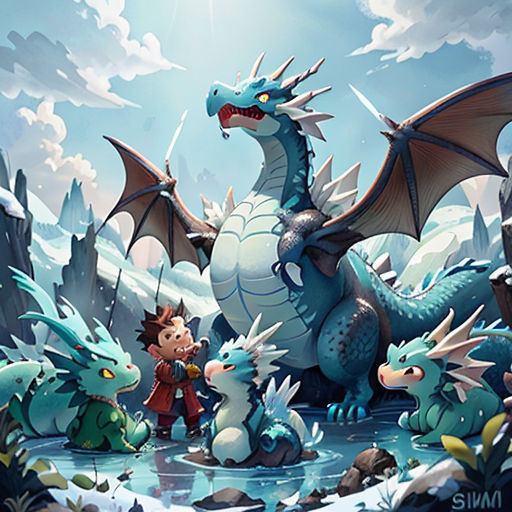 a boy and a dragon in a cartoon style with a sky background and clouds behind him, and a boy standing in front of a dragon