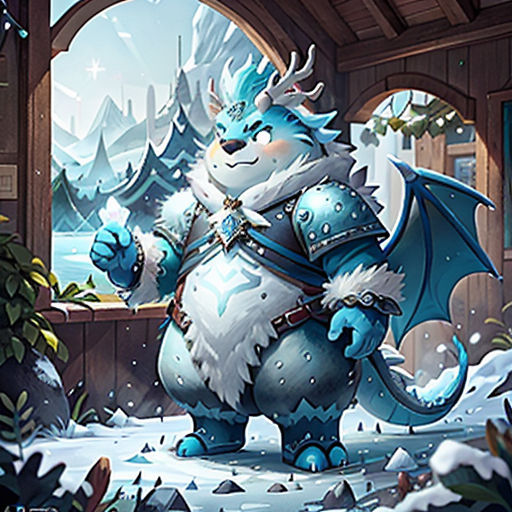 a cartoon character in a winter scene with a snow dragon and a window in the background, with snow falling on the ground