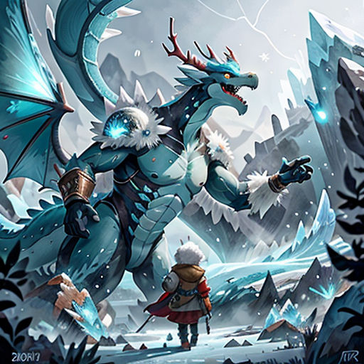 a blue dragon with a red cape and a red cape on it's back, standing in a snowy forest