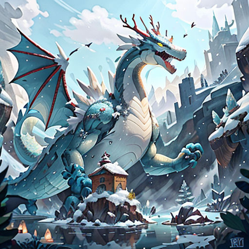 a dragon is flying over a snowy mountain side town with a castle in the background and a bird on the roof