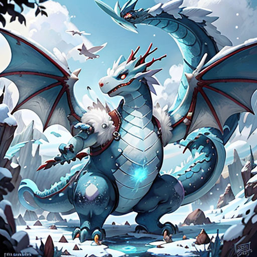 a blue dragon with a red head and wings on it's back, standing in the snow with a bird flying above