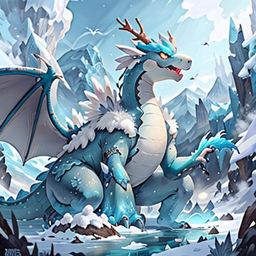 a blue dragon with horns and a white tail standing in the snow with a mountain background and a stream of water