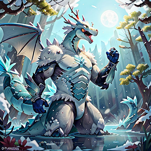 a white dragon with a blue tail and a black nose standing in a forest with trees and snow on it