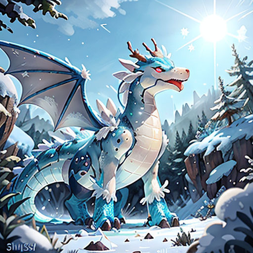 a dragon with a snow covered mountain in the background and a blue sky above it, with a sun shining on the ground