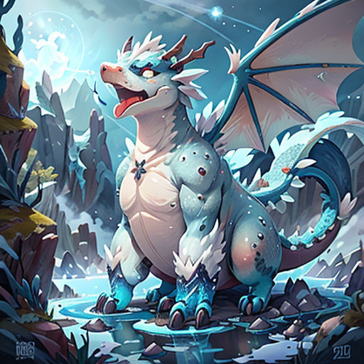 a dragon with a big body of water in the background and a sky background with clouds and stars, and a mountain with rocks and a stream