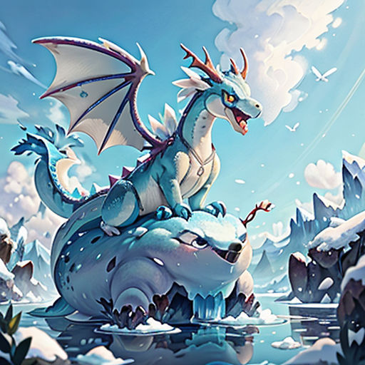 a dragon sitting on top of a ice covered mountain next to a lake of water with a sky background