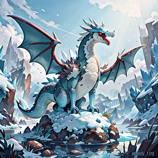 a dragon is standing on a rock in the snow with a sky background and clouds above it, and a stream running through it