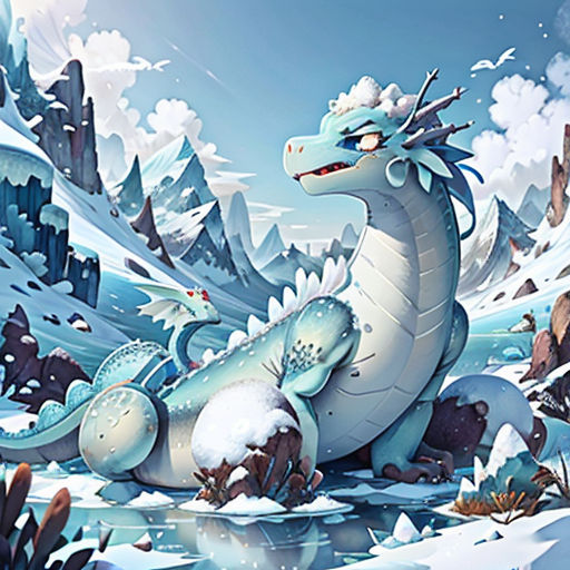 a cartoon dragon sitting on top of a snow covered ground next to a mountain range with a lake and trees