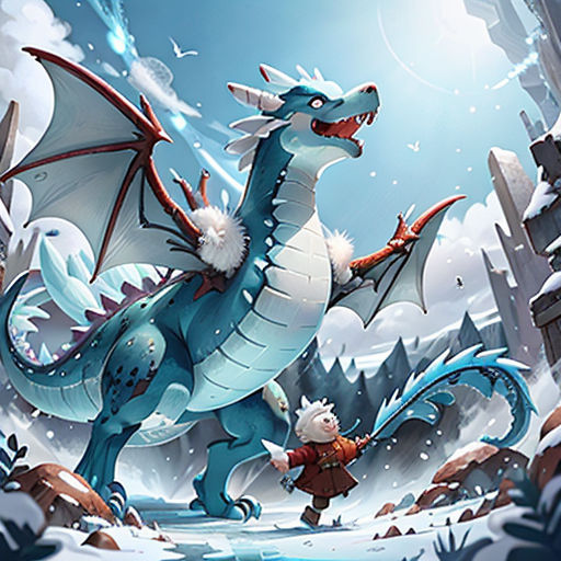 a dragon and a boy are in the snow by a castle with a snowman on it's back