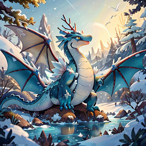 a blue dragon sitting on top of a rock next to a river in the snow with trees and snow