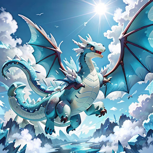 a dragon flying through the sky over a mountain range with clouds and stars above it, with a bright sun above