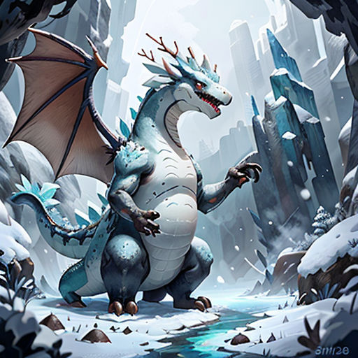a dragon with a long tail standing in a snowy forest with a stream of water and rocks in the background
