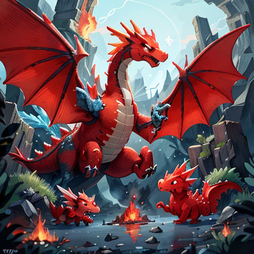 a red dragon with two smaller red dragon on its back and one red dragon on its back, in a cave