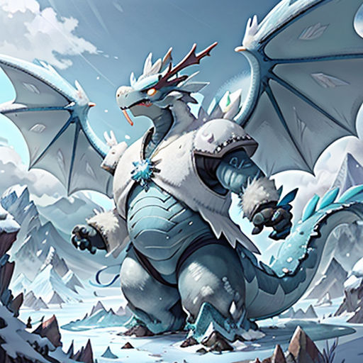 a white dragon with a blue tail and wings standing in the snow with a mountain background and clouds in the background