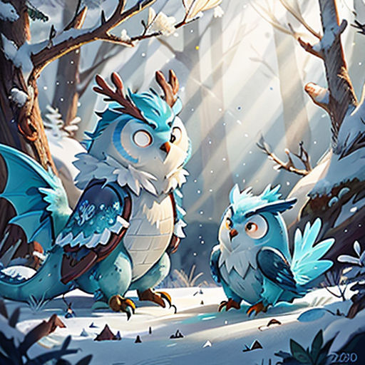 two birds standing in the snow near trees and bushes with snow on them, one bird has its wings spread