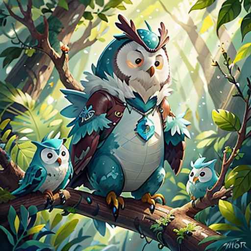 an owl with a blue hat and a bird with a blue tail sitting on a branch in a forest