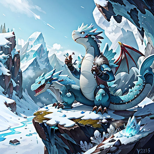 a dragon sitting on top of a mountain next to a snow covered mountain range with a waterfall in the background