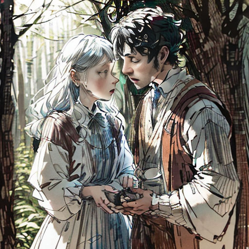 a man and a woman standing in the woods looking at a cell phone together, with trees in the background