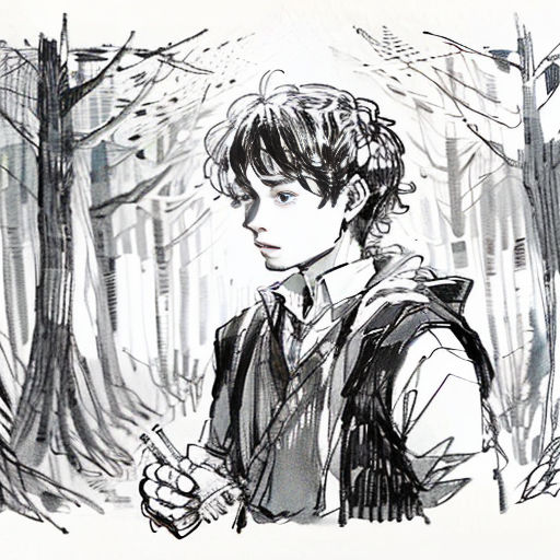 a drawing of a boy in a forest holding a cell phone and looking at something in his hand while wearing a vest
