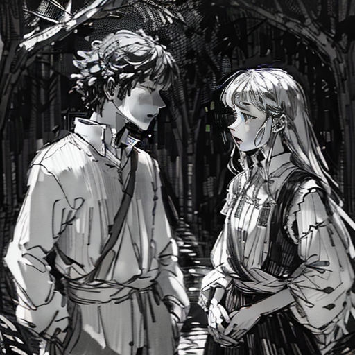 a man and a woman standing next to each other in the woods, looking at each other with a tree in the background