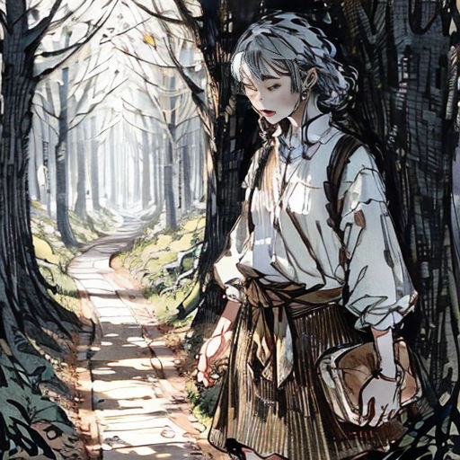 a woman walking through a forest next to a forest filled with trees and leaves, with a man in the background