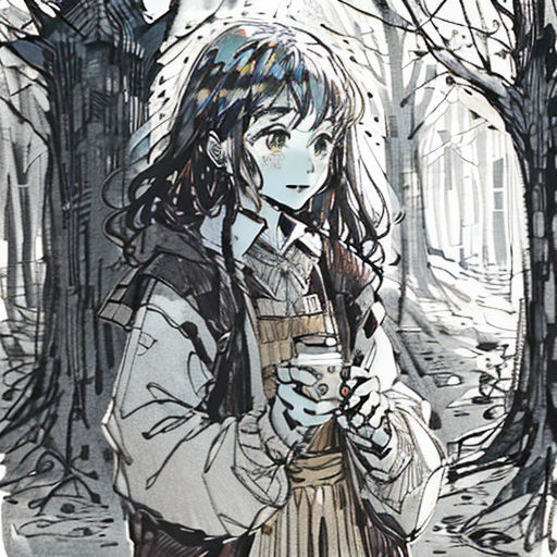 a girl standing in the woods holding a cup of coffee and looking at her phone, with a snowy background
