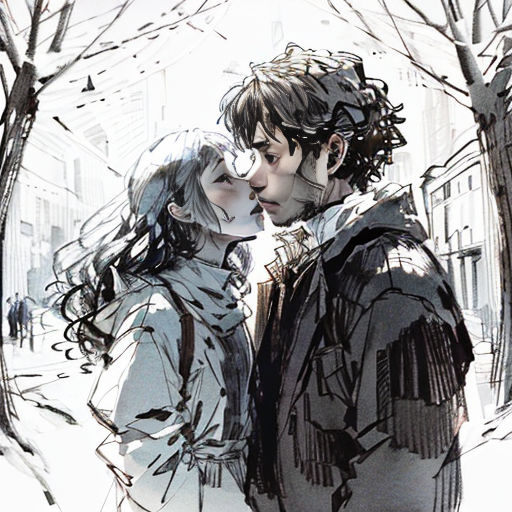 a couple kissing in the snow in a city street with trees and buildings in the background, drawn in pencil