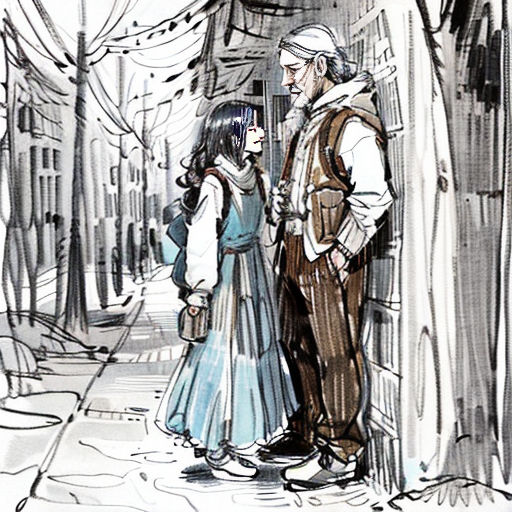 a man and a woman standing next to each other on a sidewalk in the snow, looking at each other