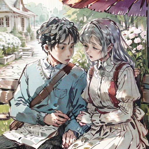 a couple sitting on a bench under an umbrella in a park, looking at a book together, with a man holding a book