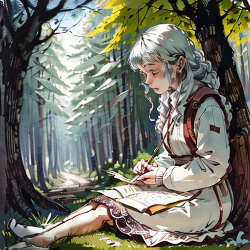 a girl sitting in the woods writing on a book with a forest background and trees behind her, with a path in the woods