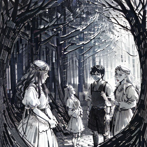 a drawing of a group of people standing in a forest with trees and snow on the ground, looking at each other