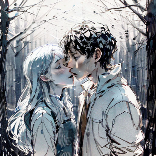 a couple kissing in the woods in winter time, with snow falling all over them and trees in the background