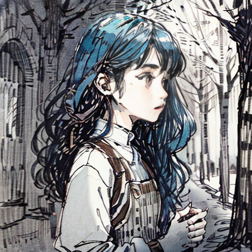 a drawing of a girl with blue hair and a backpack looking at her phone in a snowy forest area